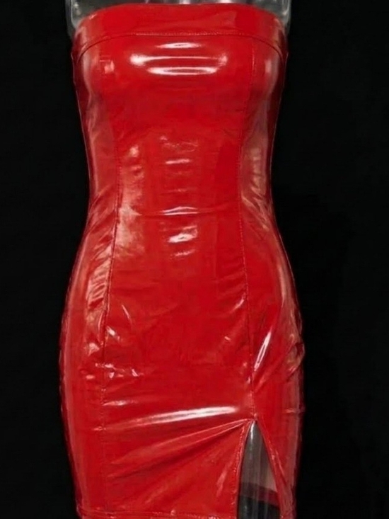 no brand Dresses & Skirts - Strapless Vinyl Red Patent Mini Dress with Front Leg Slit NEW